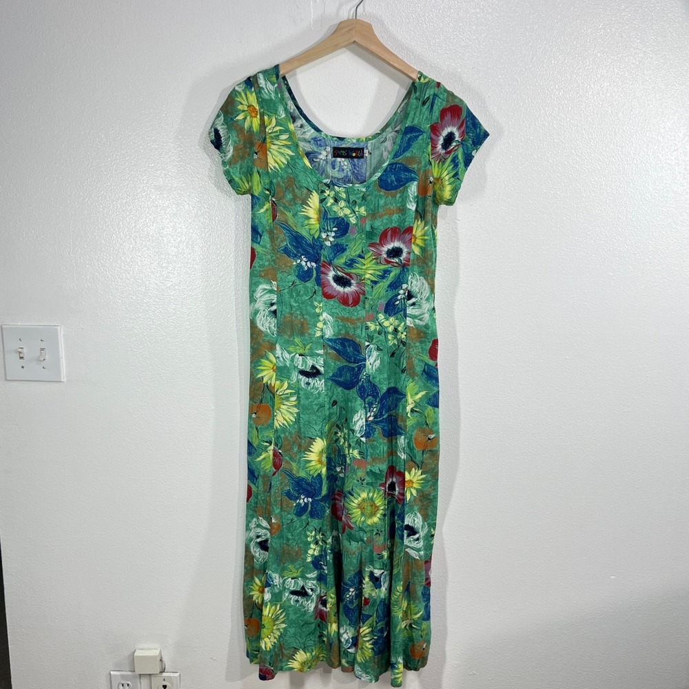 VTG Jams World Dress Large Rayon Floral Midi 90s Made in USA Hawaii Art to Wear